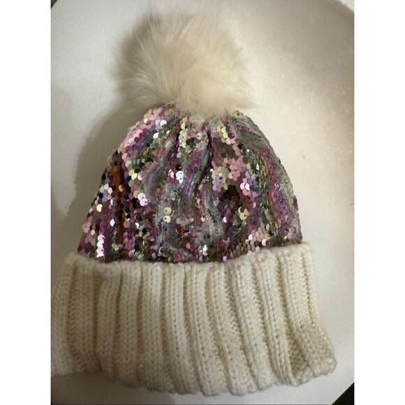 Tucker + Tate Kids Sparkle Sequins Rib Knit Pom Beanie Hat Purple White One Size - Picture 1 of 7